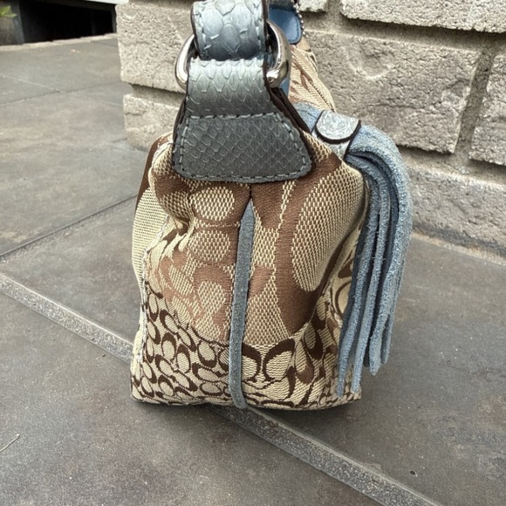 Vintage Brown Blue Coach Patchwork Logo Canvas Mini Handbag Suede Details Y2K - Picture 5 of 13